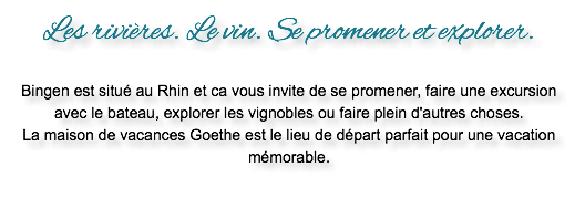 Les rivières. Le vin. Se promener et explorer. Bingen est situé au Rhin et ca vous invite de se promener, faire une excursion avec le bateau, explorer les vignobles ou faire plein d'autres choses. La maison de vacances Goethe est le lieu de départ parfait pour une vacation mémorable.